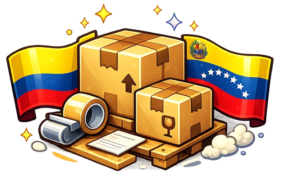 Cajas de mudanza con las banderas de Colombia y Venezuela